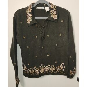 Vintage Lise J Women's M/L Olive Green Embroidered Henley Sweater‎ Cottagecore